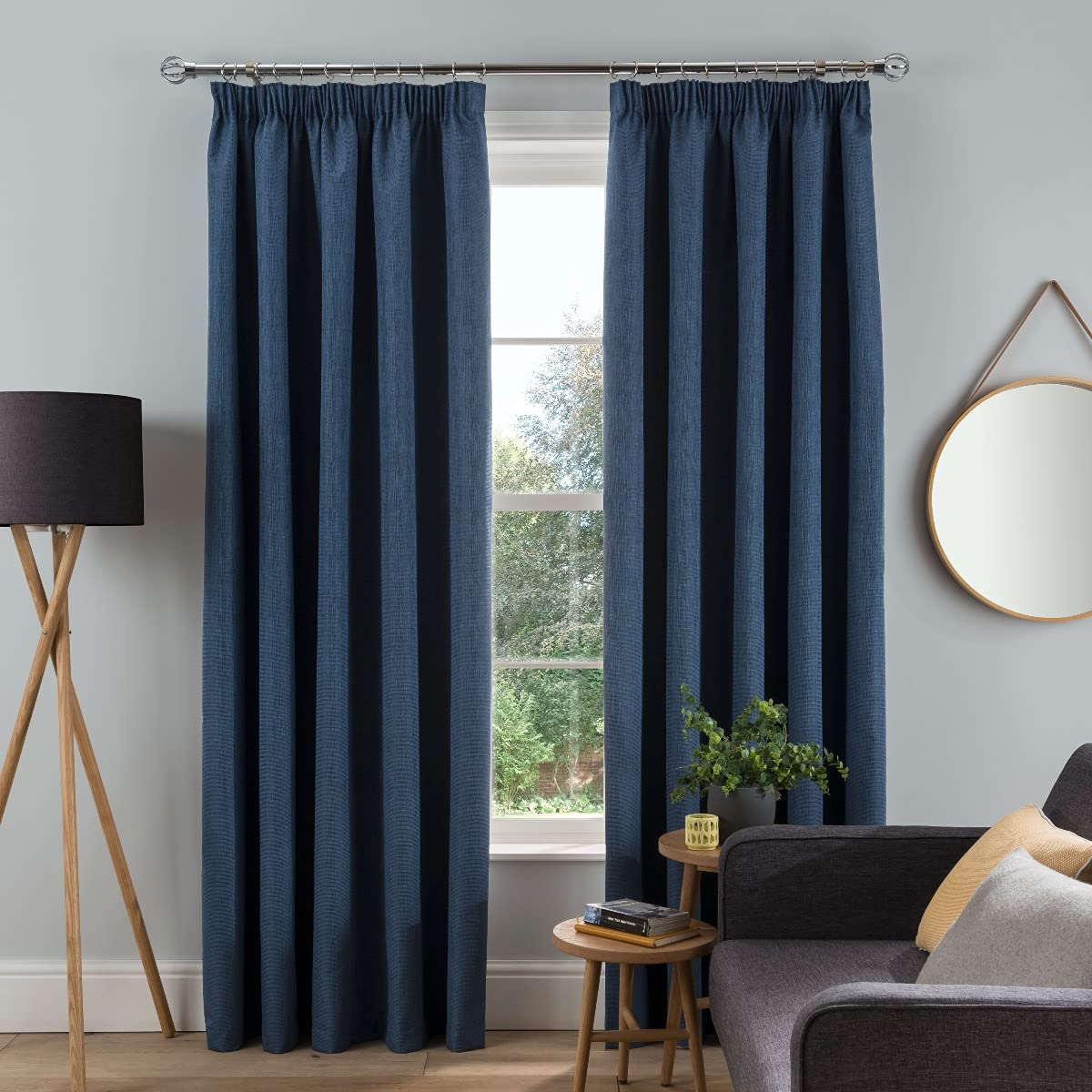Sleepdown Textured Rib Weave Pencil Pleat Blackout Lined Curtains Thermal Insulated for Bedroom and Living Room, Navy, 2 Panels, 2 x 46" x 54"