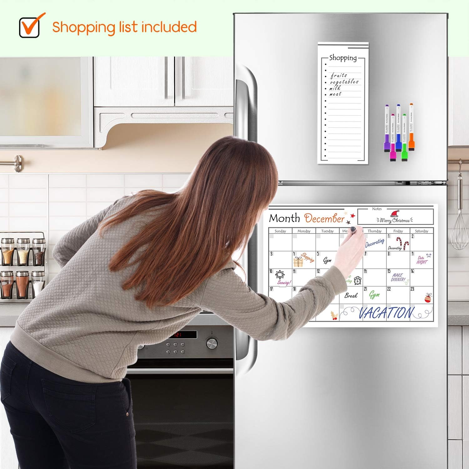 USA Made Magnetic Dry Erase Calendar for Refrigerator with 6 Markers & Magnetic Shopping List – Kitchen Fridge Calendar White Board, Schedule Planner Wall Set : Office Products