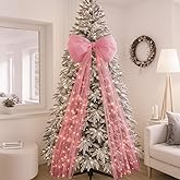 Soulchen 49 Inches Christmas Tree Topper Bow Large Fluffy Tulle Christmas Bow for Car Giant Wreath Wall Decor with Long Streamers for Xmas Home Wedding Car Holiday Decor Supplies(Pink)