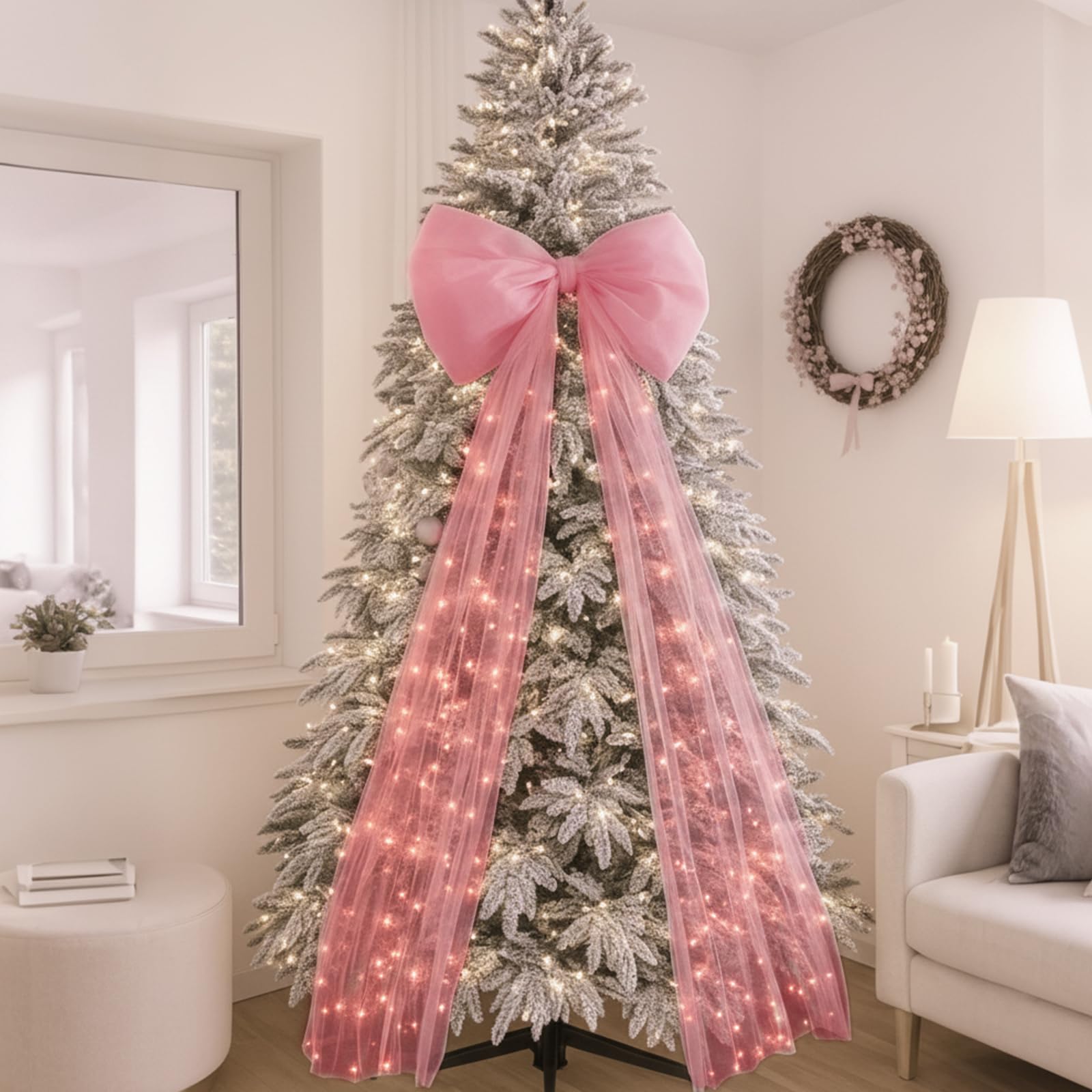 Photo 1 of Soulchen 49 Inches Christmas Tree Topper Bow Large Fluffy Tulle Christmas Bow for Car Giant Wreath Wall Decor with Long Streamers for Xmas Home Wedding Car Holiday Decor Supplies(Pink)