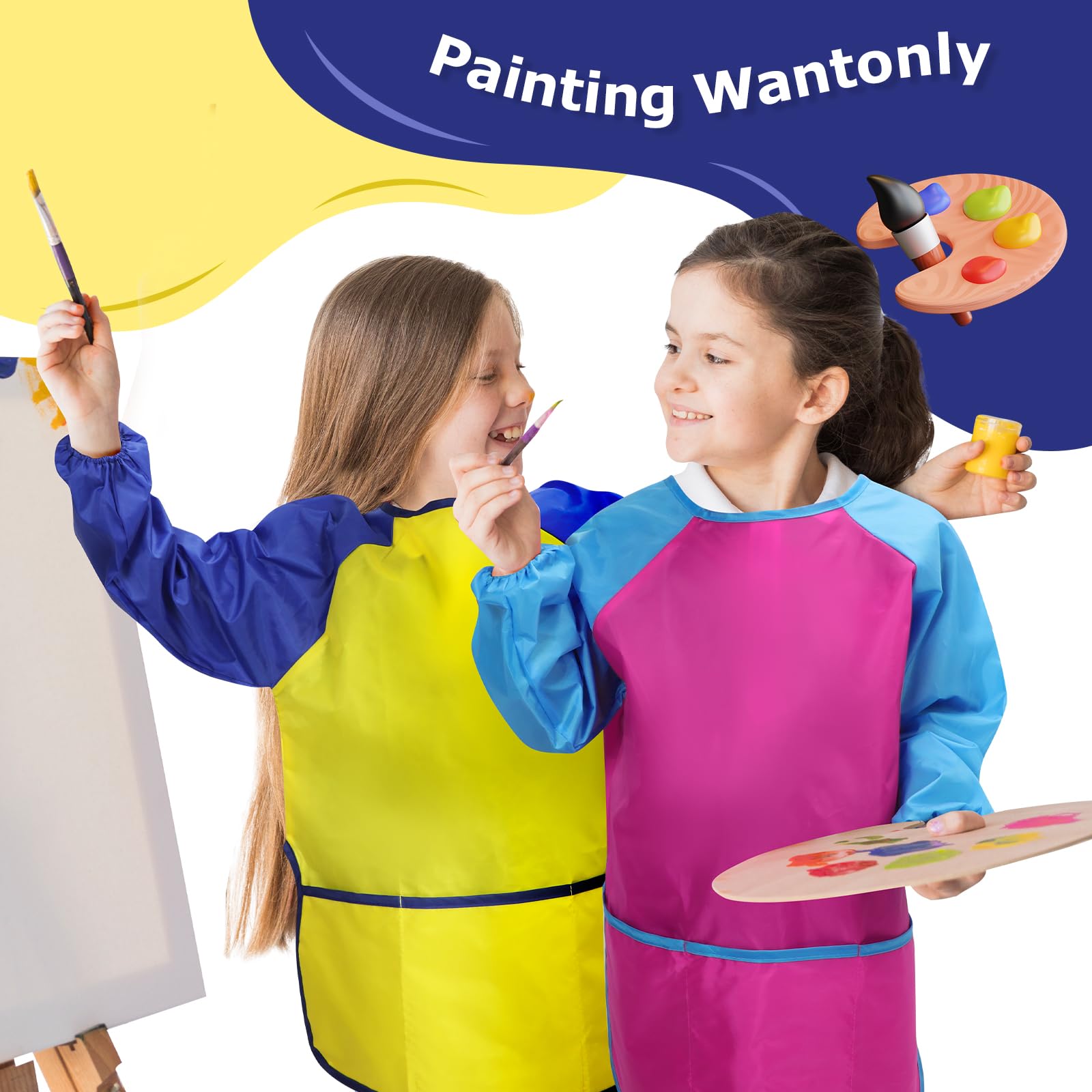 Kids Painting Apron 2 Pack, Waterproof Toddler Art Smock, Artist Smock for Kids Age 2-8 with Long Sleeve and 3 Pockets