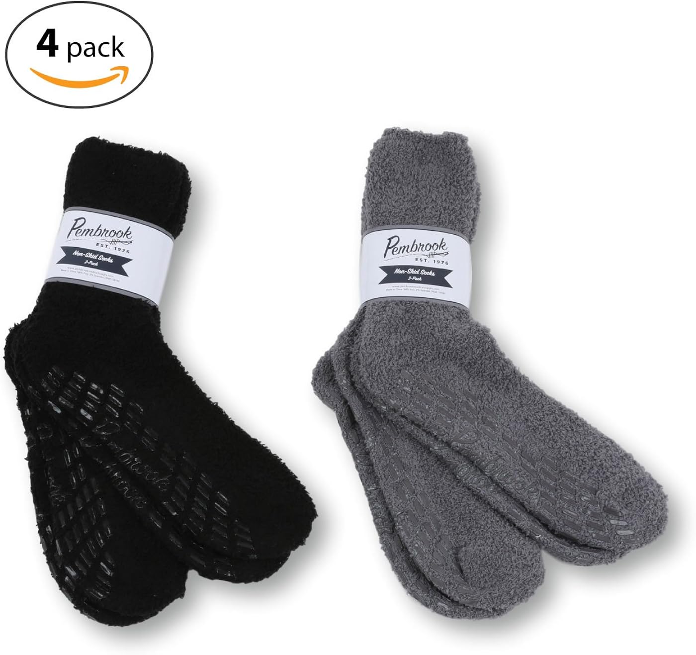 Pembrook Non Skid Socks - Hospital Socks - Slipper Socks - (4-Pack) 2 Black/ 2 Gray. Great for adults, men, women. Designed for medical hospital patients but great for everyone at  Men’s Clothing store