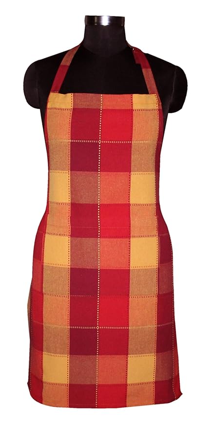 AIRWILL Cotton Yarn-Dyed Jacquard Dobby Checks Aprons Pack with 1 Center Pocket, Adjustable Buckle on Top and 2 Long Ties on Both Sides (65x80cm)