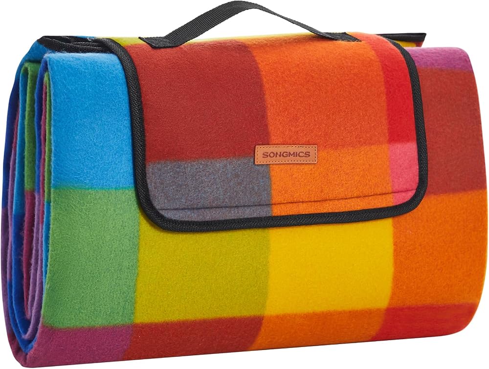 SONGMICS Fleece Picnic Blanket 195 x 150 cm Waterproof Karomuster UK