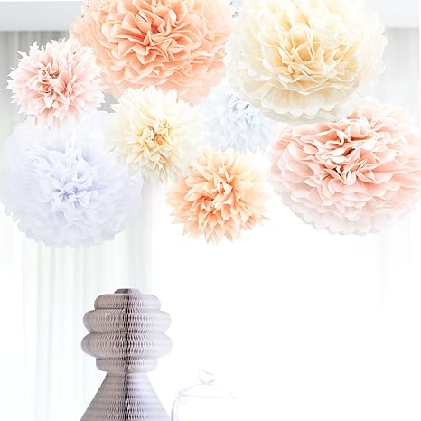 Anokay Hochzeit Deko Set - 8er Seidenpapier PomPoms rund weiß altrosa champagne aprikose - Pom Pom für Hochzeitsdeko Tischdek