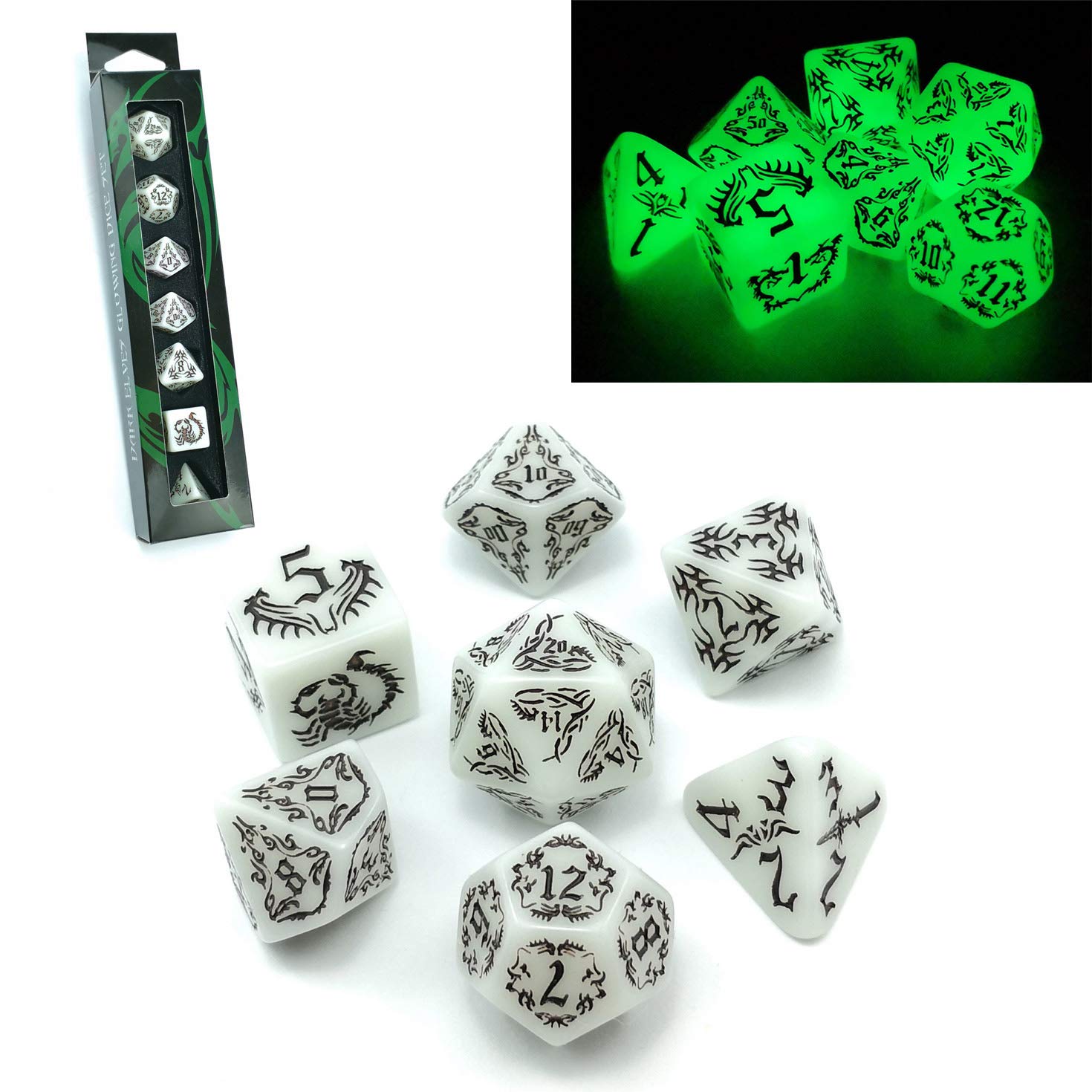 BESCON DARK ELVES Glowing Dice Set (7 piece), Oversized GLOW IN DARK Carved Role Playing Games RPG Dice Set — image 1