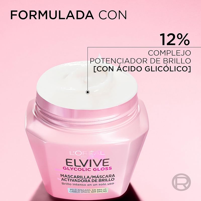 L'Oréal Paris, Mascarilla Activadora del Brillo, Brillo Intenso en Un Solo Uso, Cabello Más Liso, Con Ácido Glicólico, Para Cabello Apagado y Sin Vida, Elvive Glycolic Gloss, 310 ml