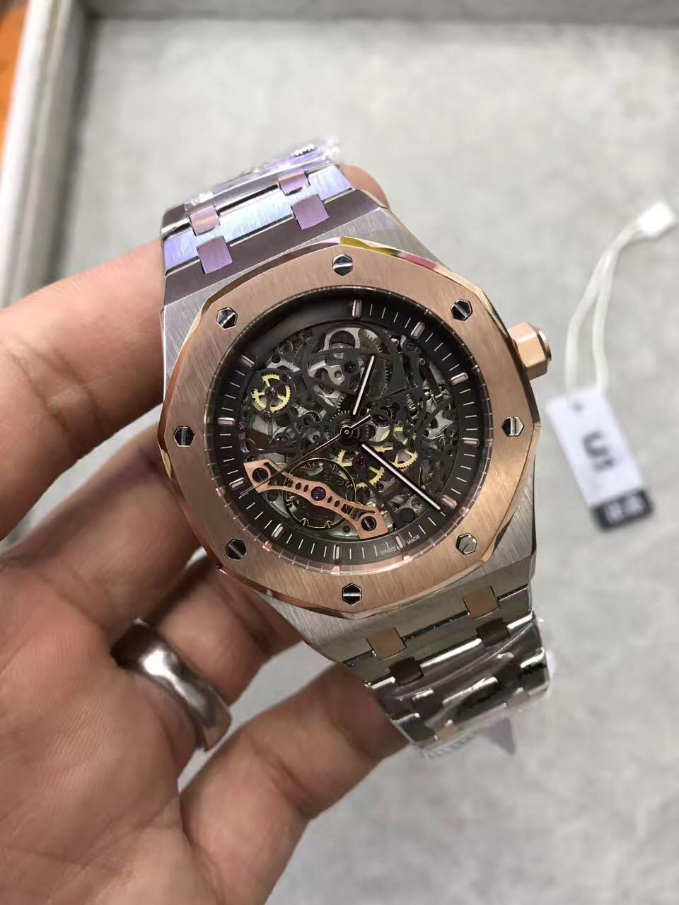 Luxury Brand Stainless Steel Two Tone Color Black dial Automatic Movement Skeleton Oak Watch Watches