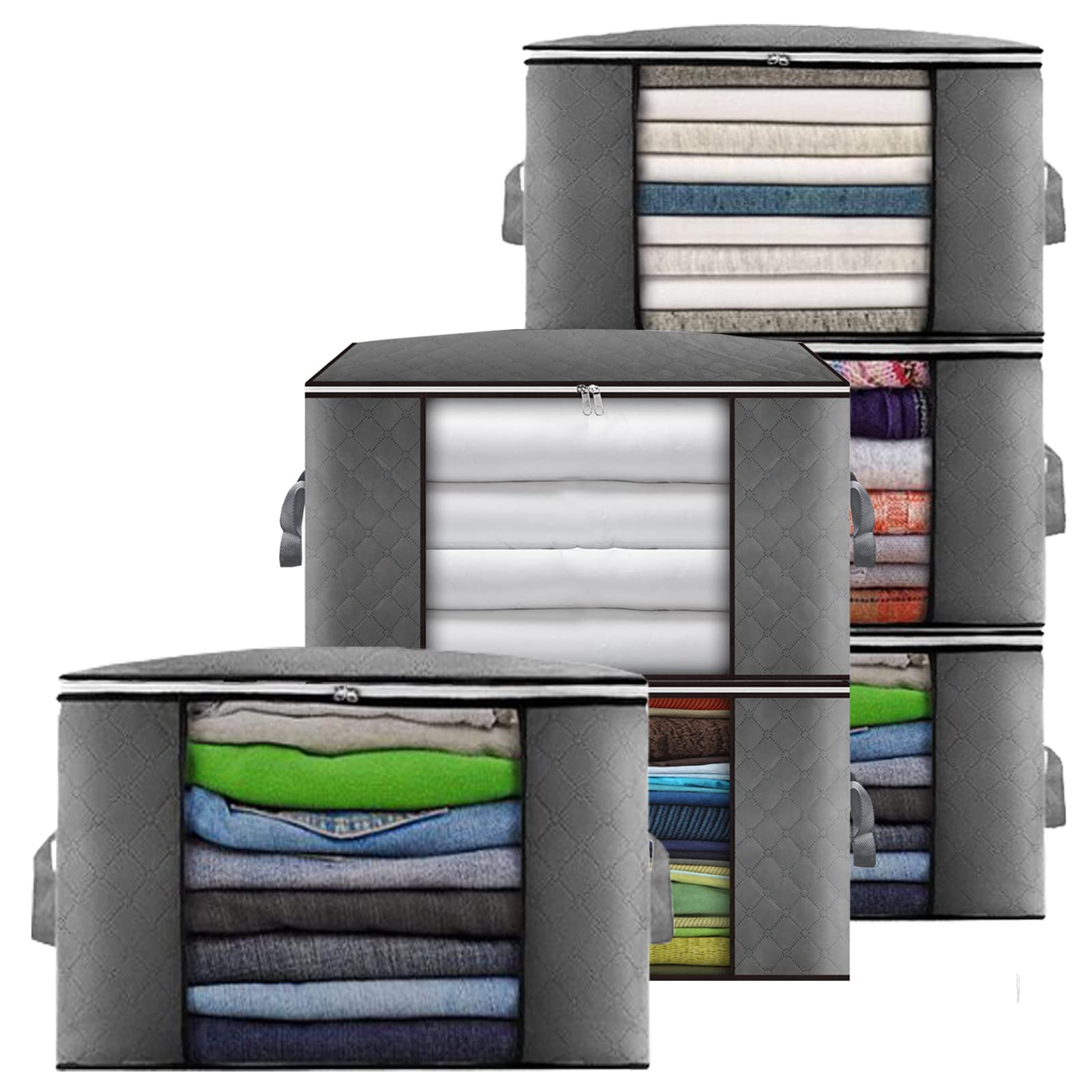 Cleaneaty Clothes Storage Bag 6Pack 90L Large Capacity Solution Organizer for Clothes, Duvets, Comforters, Blankets, Bedding with Zip and Clear Window Reinforced Handle Thick and Breathable Fabric