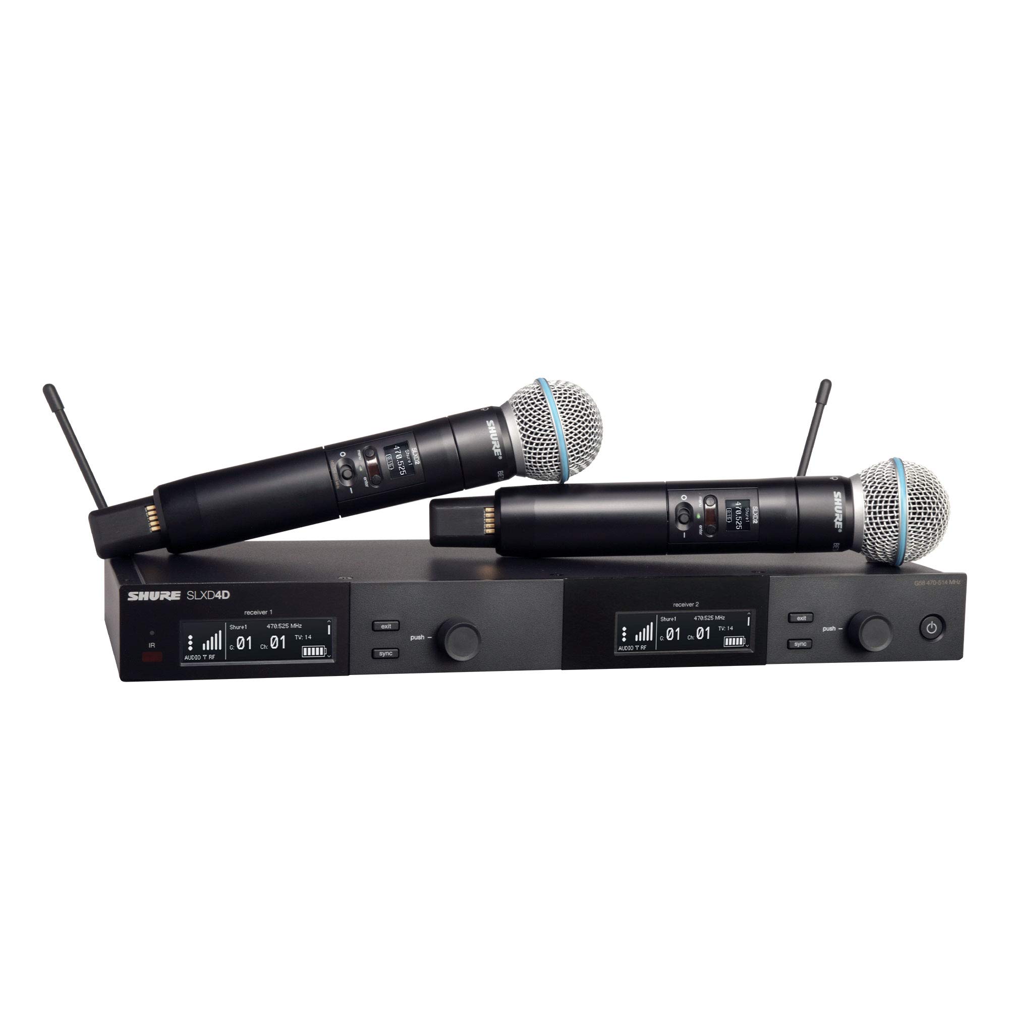 Shure SLXD24D/B58 Sistema de micrófono inalámbrico digital de doble canal - Incluye dos transmisores de mano SLXD2 con cápsulas de micrófono vocal BETA 58A, receptor de montaje en rack SLXD4D | Banda G58 (SLXD24D/B58-G58)