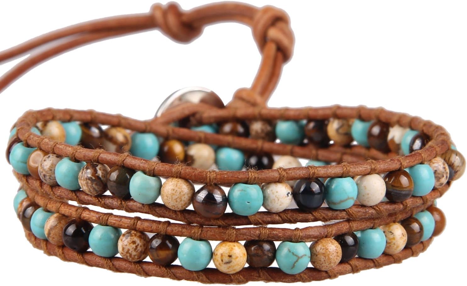 KELITCHTurquoise Gems Beads Charm 2 Wrap Bracelets Handmade Natural Leather New Jewelry