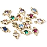 Cheriswelry 24Pcs Real 14K Gold Brass Cubic Zirconia Connector Charms Flat Round Rhinestone Crystal Linking Pendants with Metal Loop 12 colors for DIY Necklace Bracelet Chain Jewelry Making