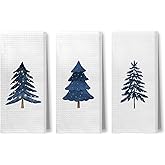 Foritho Navy Blue Christmas Tree Kitchen Towels, Farmhouse Christmas Tree Hand Towels for Bathroom, Blue Xmas Winter Holiday Dish Tea Towel for Kitchen Decor, 16x24 Inch Set of 3