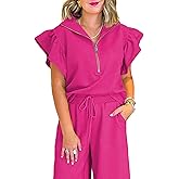 SELINK Two Piece Sets for Women Summer Outfits Ruffle Cap Sleeve Zip Top Wide Leg Pants Lounge Set Tracksuits