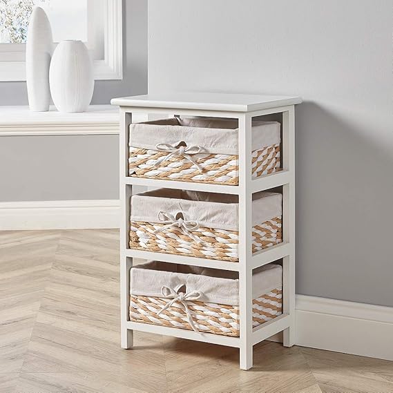 Home Source White Wooden Storage Unit Wicker Basket Chest Organiser Bedroom Hallway, 3 Drawer