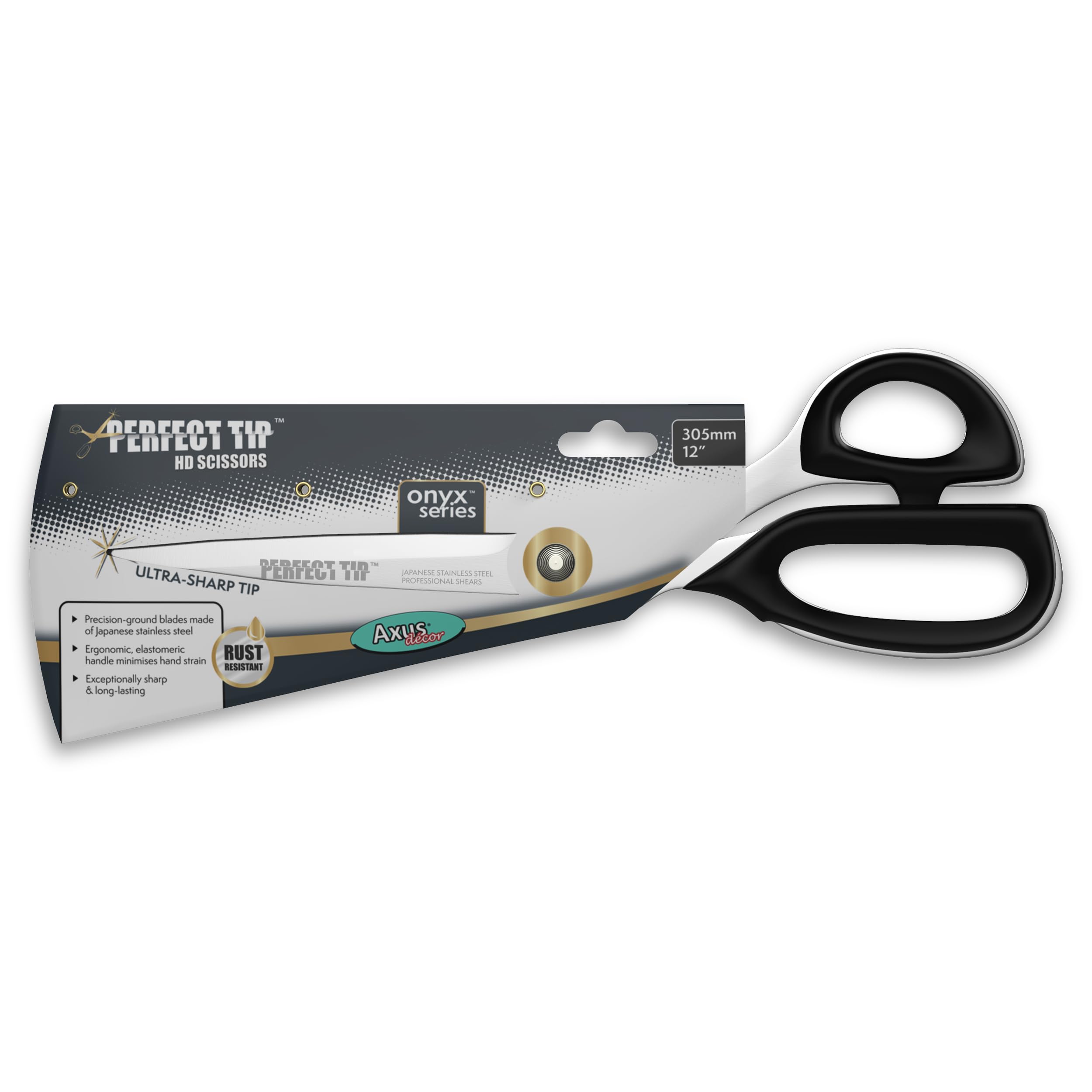 Axus Decor Perfect Tip HD Scissors (Onyx Series) Stainless Steel Scissors with Super Sharp Blades and Rust Resistant, Precisely Wallpaper Cutter, Fabrics, Fine Mesh and More, Length 305mm