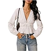 SHENHE Women's Deep V Neck Tie Front Ruffle Peplum Blouse Long Sleeve Going Out Crop Top Shirt