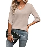 TICTICMIMI Womens Tops 3/4 Length Sleeve V Neck Casual Trendy Button Tunic Tops Summer Basic T-Shirts Loose Fit Pullover