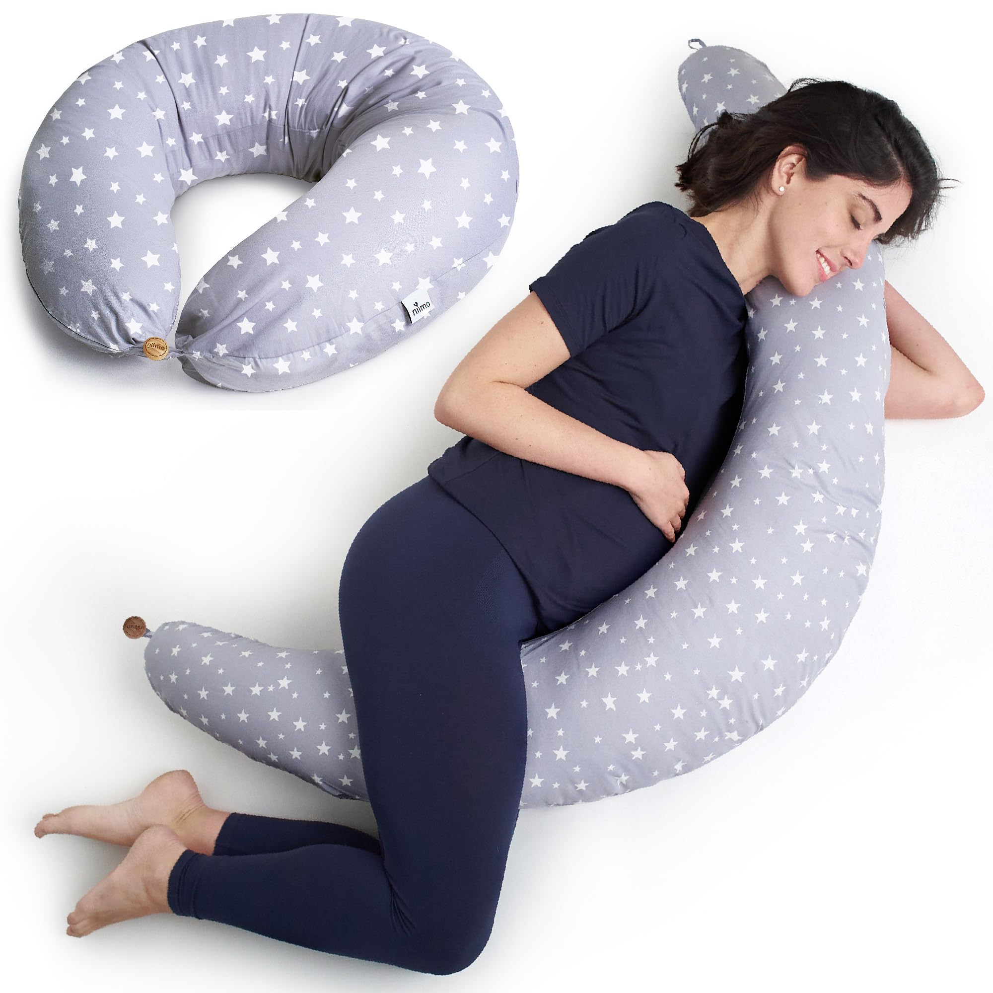 Niimo XXL Pregnancy Pillow & Nursing Pillow - 2-in-1 Design with a 100% Cotton Cover, Machine-Washable, Grey with White Stars (200 x 70 cm)