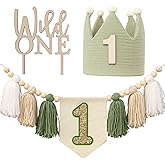 Wild One High Chair Banner For 1st Birthday Party Boy Decorations With Green Tassel Garland Crown Hat Wild One Cake Topper