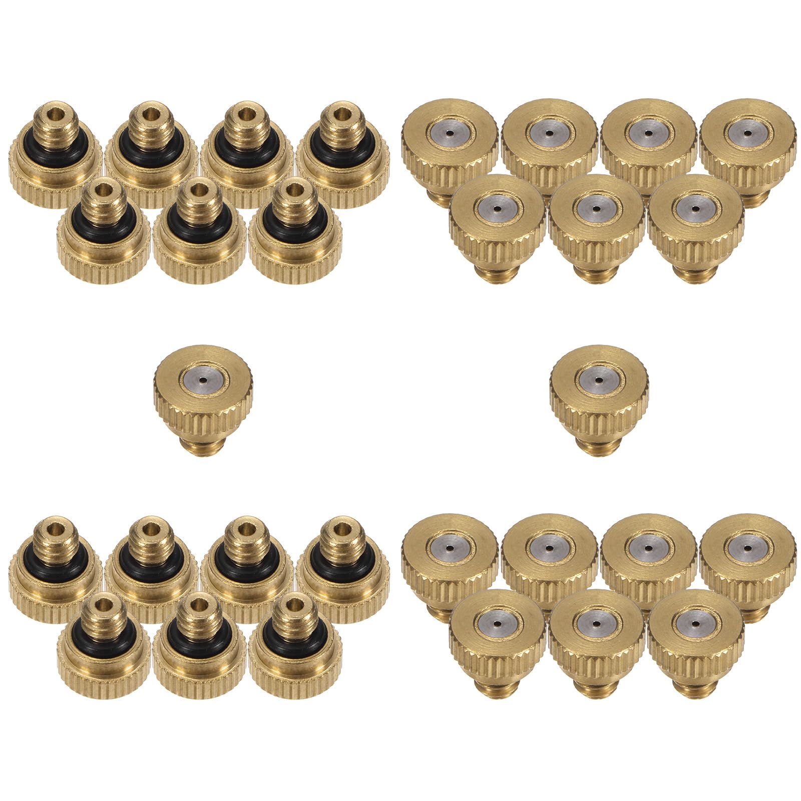 M METERXITY 30-Pack Brass Misting Nozzle, 0.032" 0.8mm Orifice 10/24 UNC O-Ring Replacement Mister Nozzles Plug Mister Heads for Garden Patio Outdoor Cooling System Low-Pressure Atomizing