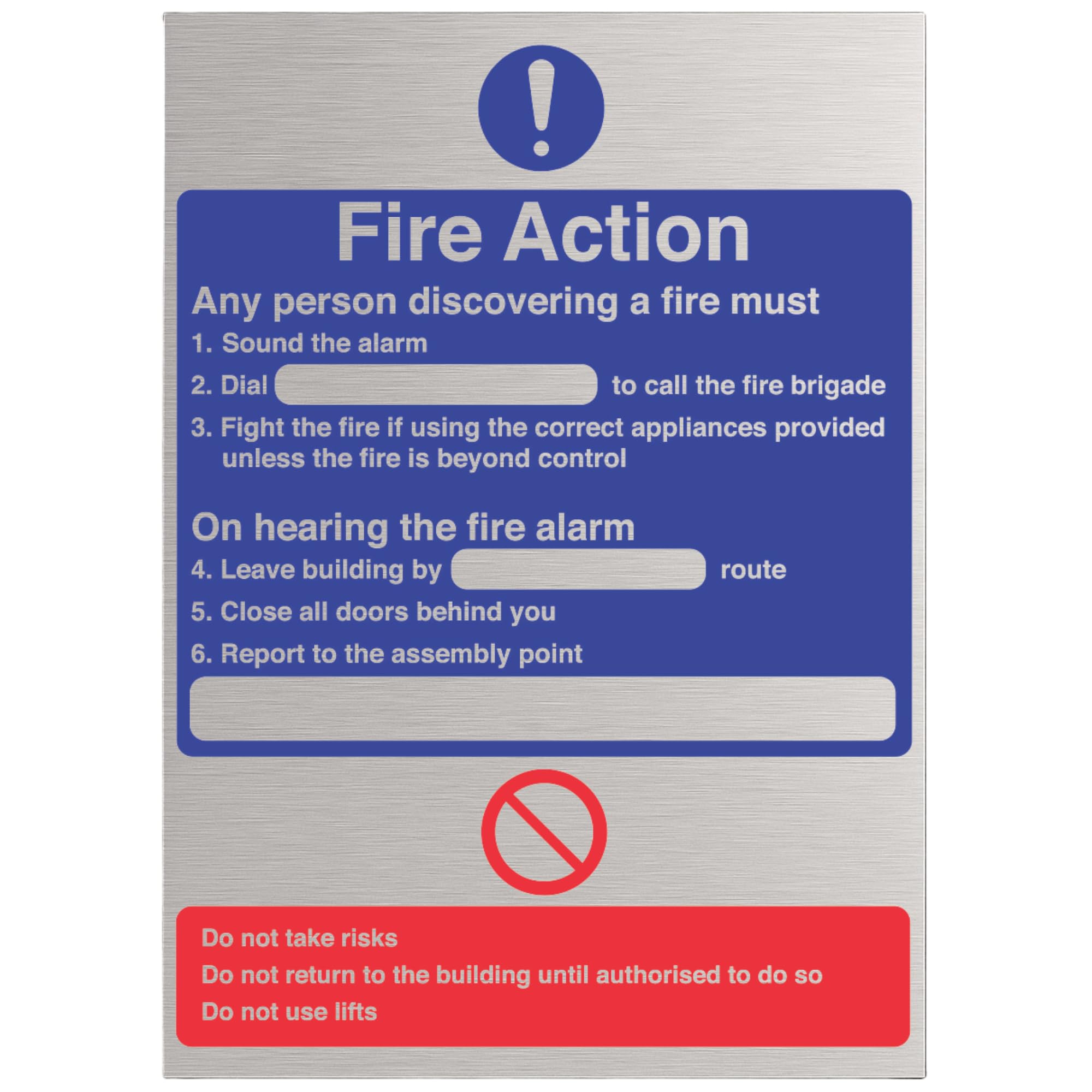 V Safety 12001AN-ACBRSH General Fire Action Dial Sign - 150mm x 200mm - 3mm Brushed Alu Comp