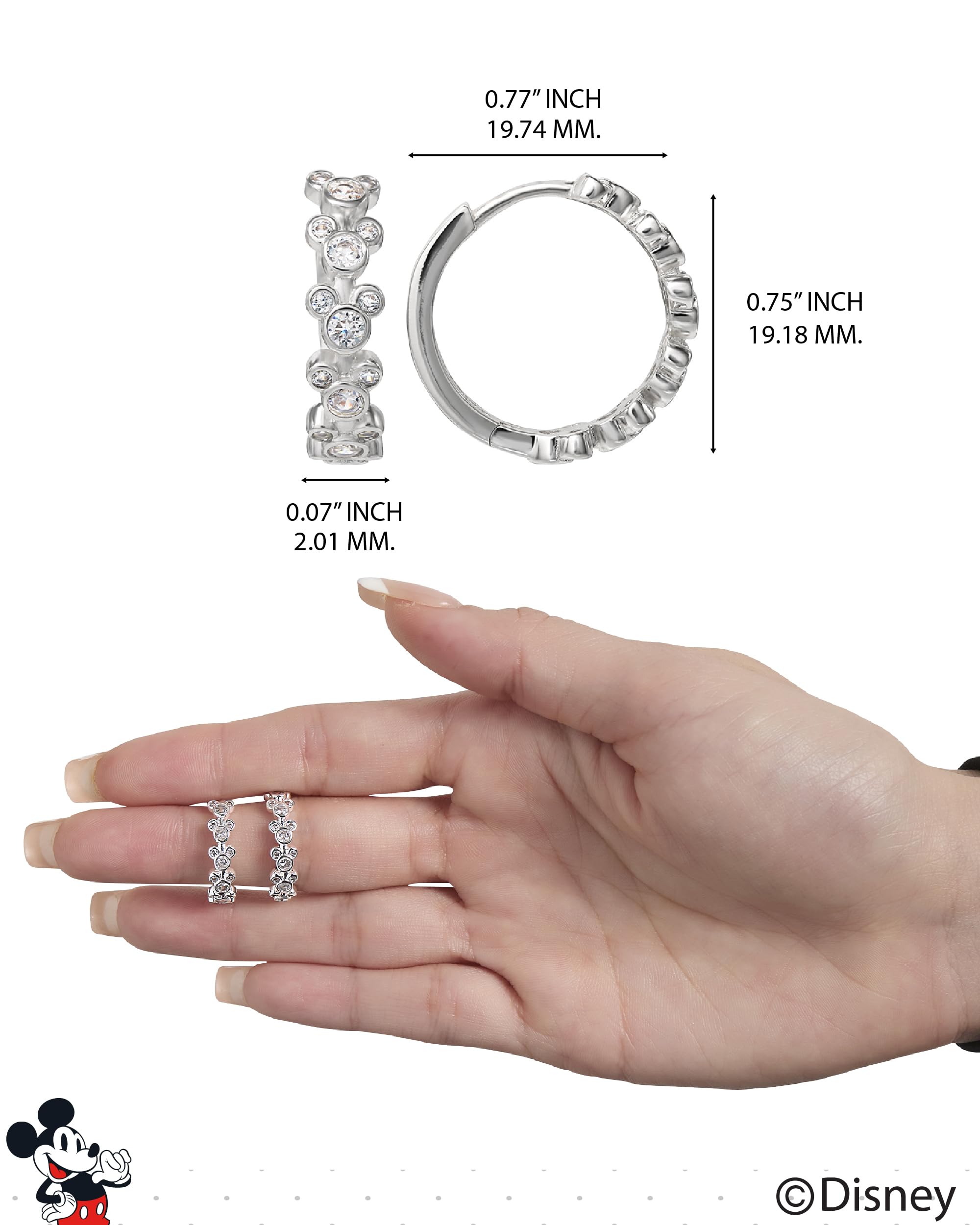 Mickey Mouse Endless Hoop Earrings for Women Official License, Silver or Yellow Gold Flash-Plated Cubic Zirconia Disney Hoops