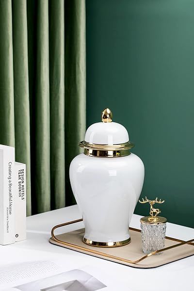 GALOURO WHITE GINGER JAR WITH GOLD TRIM, GINGER JAR VASE DECOR FOR CENTERPIECE, TABLE DECORATIONS, LIVING ROOM, SHELF, 15INCHES