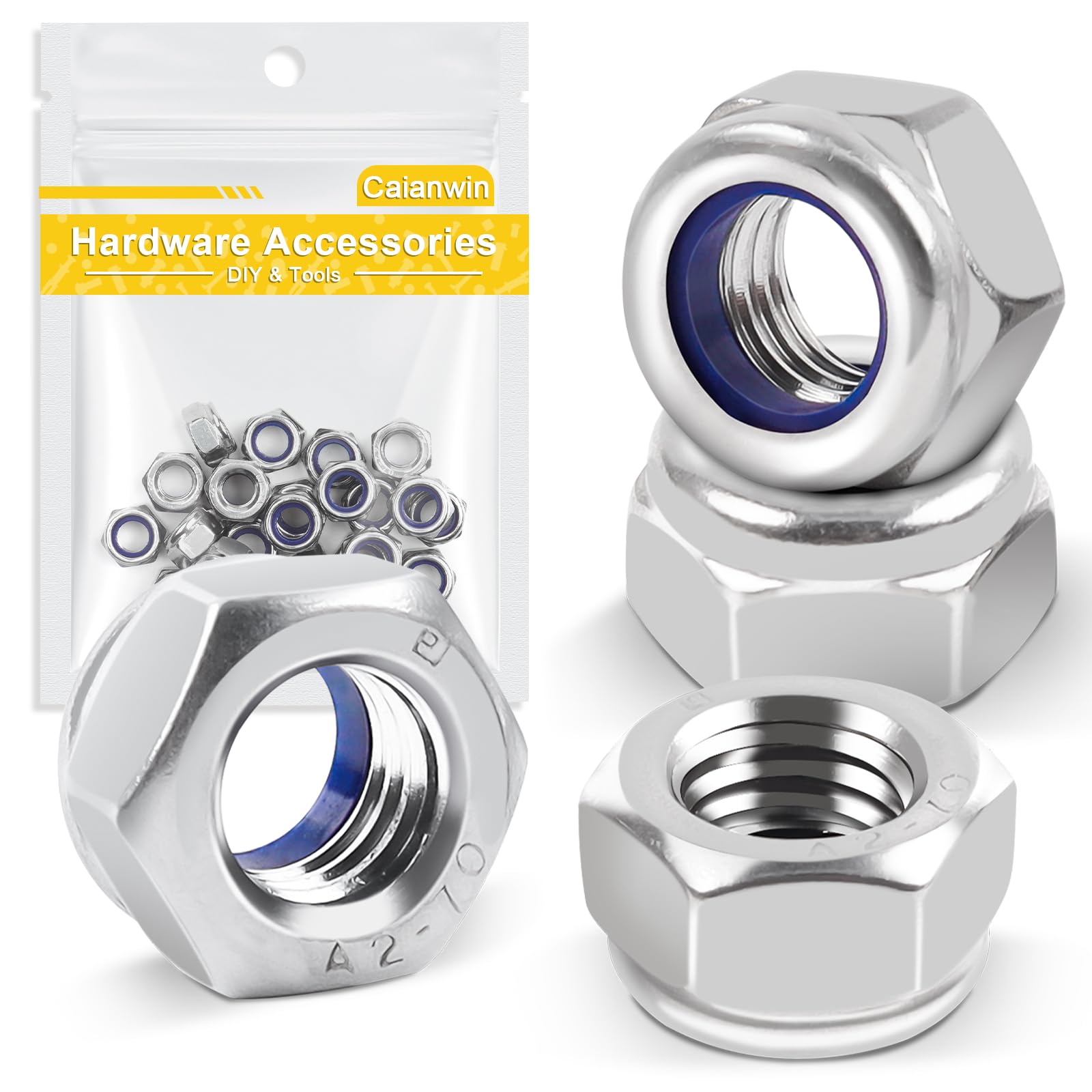 M12 Nuts DIN985 Nylock Nuts (Pack of 10) Caianwin 12mm Stainless Steel Hex Nut Self Locking Nut for M12 Bolts, Screws & Washers