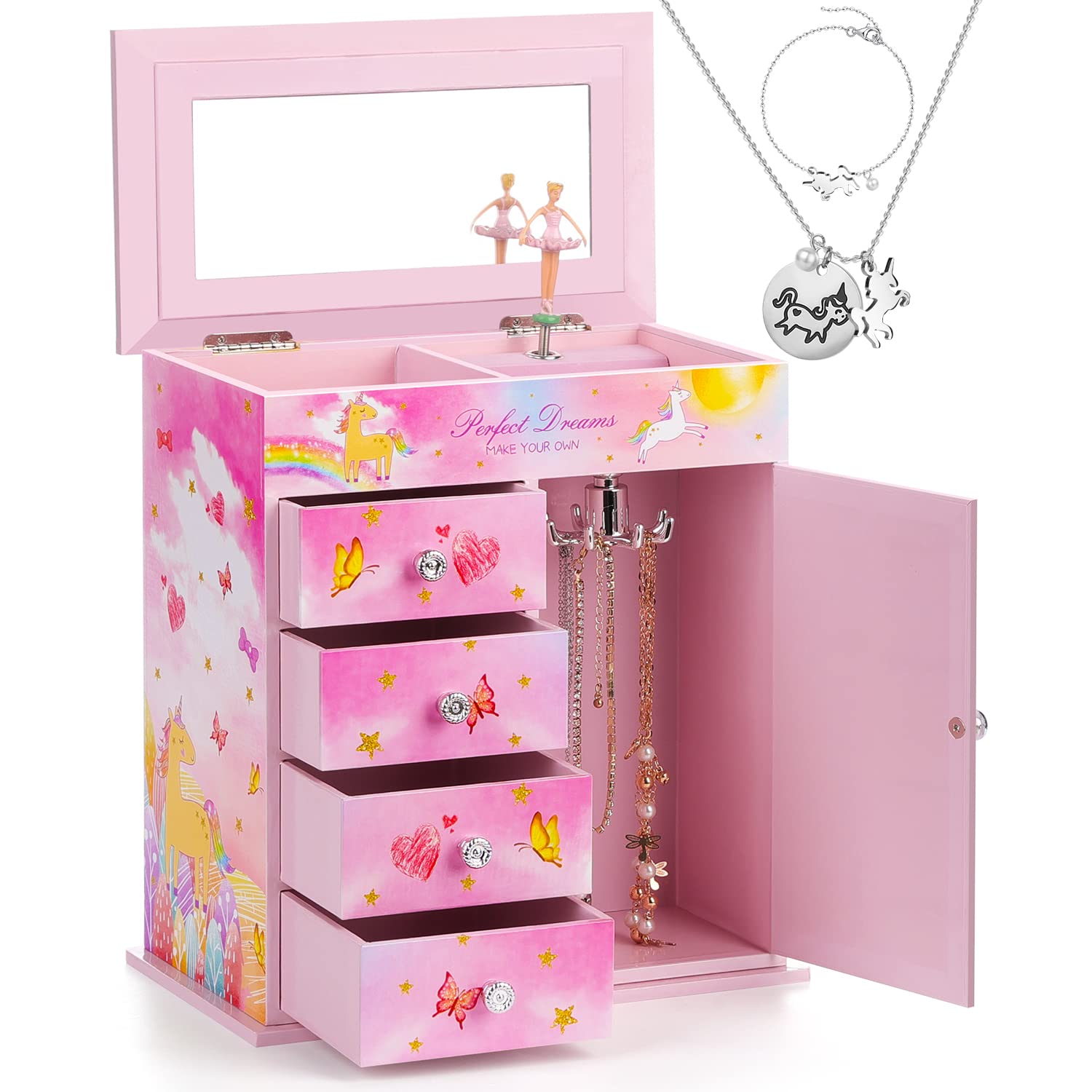 Photo 1 of ***DAMAGE -NON-FUNCTIONAL***  efubaby  Jewelry Box for Girls 5-Layer with Swing Door Ballerina Unicorn Theme Included Unicorn Jewelry Set Kids Birthday Gift for Girls Music Box Christmas Gifts Colorful*** NO MUSIC, NO SPINNING BALLERINA***SOME SCUFFS ON C