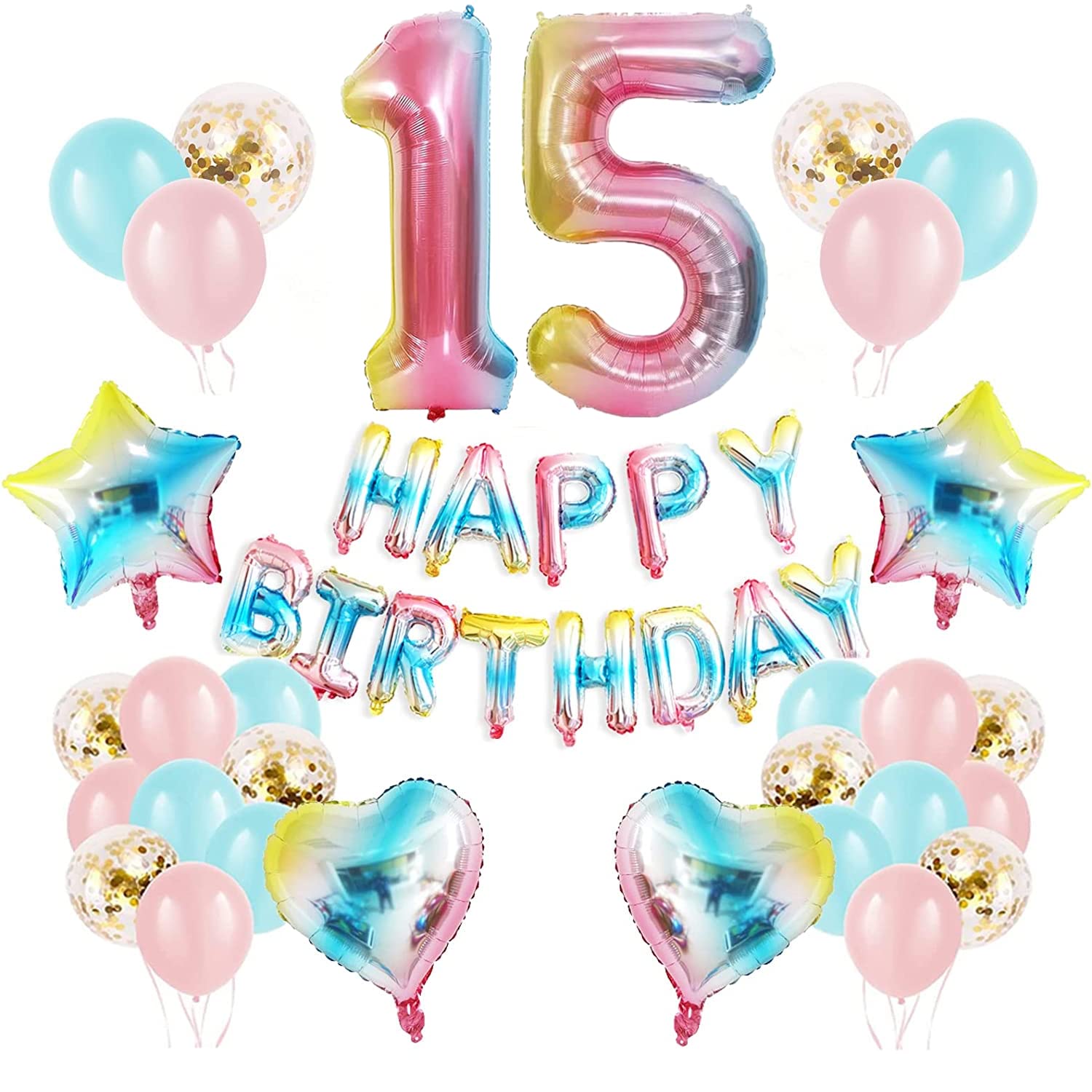 HSHRKJ 15th Rainbow Birthday Party Decoration Pack, Includes Latex Balloons, Confetti, Number 15 Balloon, Rainbow Star Heart Happy Birthday Banner, Ribbon