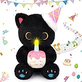 Prewplam Black Cat Plush - Happy Birthday Singing & Glow Plush, Electric Black Cat Stuffed Animal with Light-Up Cake, Birthday Party Decor Gift for Kids Boys Girls