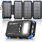 Solar Power Bank 45800mAh with 4 Panels, Portable Solar Charger with Build-in 3 Cables for iPhone, USB C in/Output 15W Fast Charging External Battery Pack with Flashlight & Camping Light
