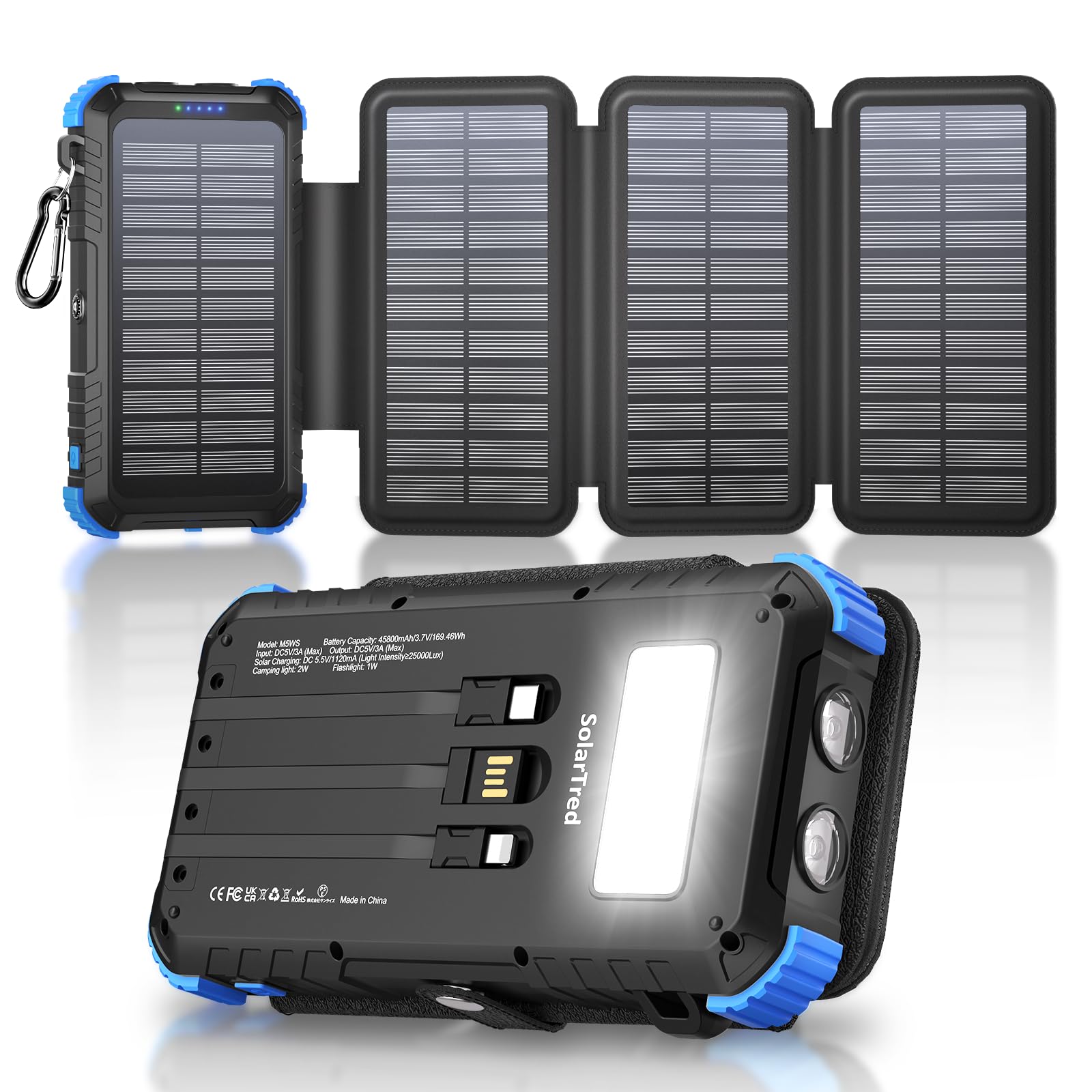 Solar Power Bank 45800mAh with 4 Panels, Portable Solar Charger with Build-in 3 Cables for iPhone, USB C in/Output 15W Fast Charging External Battery Pack with Flashlight & Camping Light