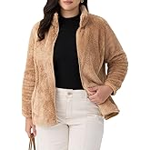 CARCOS Plus Size Fuzzy Jacket for Women Full Zip Up Fleece Coat Long Sleeve Fall Winter Sherpa Outerwear with Pockets