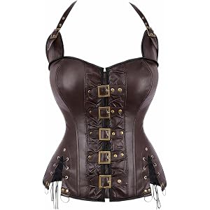 DZSWCX Women's Steampunk Faux Leather Corset, Gothic Buckle Front Steel Boned Waist Cincher Top