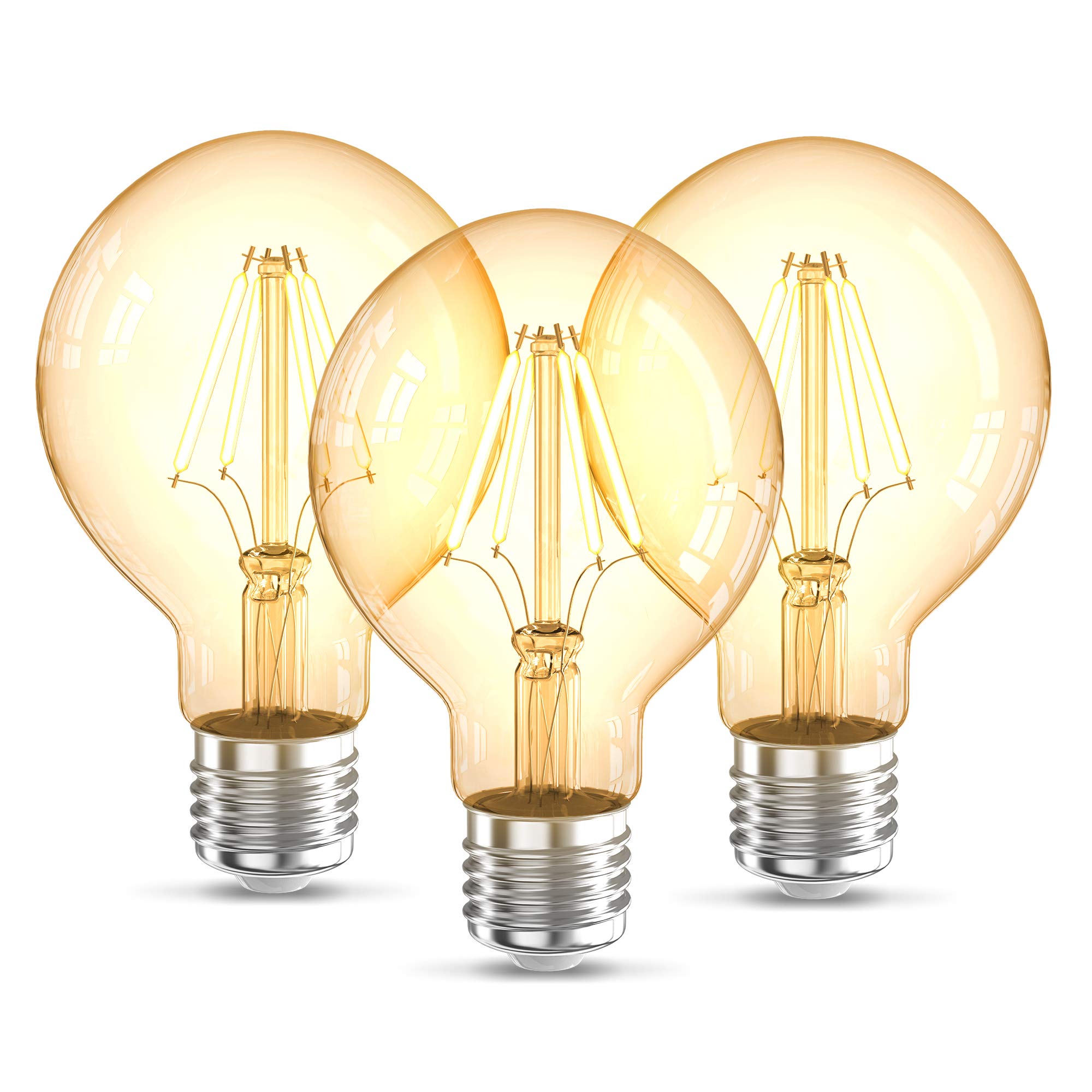 B.K.Licht 3 Vintage Light Bulbs, E27 Edison Screw, 4W, 320Lm, Warm White Light 2200K, LED Filament Bulb, Globe Shape G80, Retro Amber Glass, Old Fashioned, Pack of 3