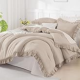 Andency Khaki Queen Comforter Set, 3 Pieces Farmhouse Shabby Chic Bedding Set for Queen Bed, All Season Soft Lightweight Microfiber Bed Set for Men Women