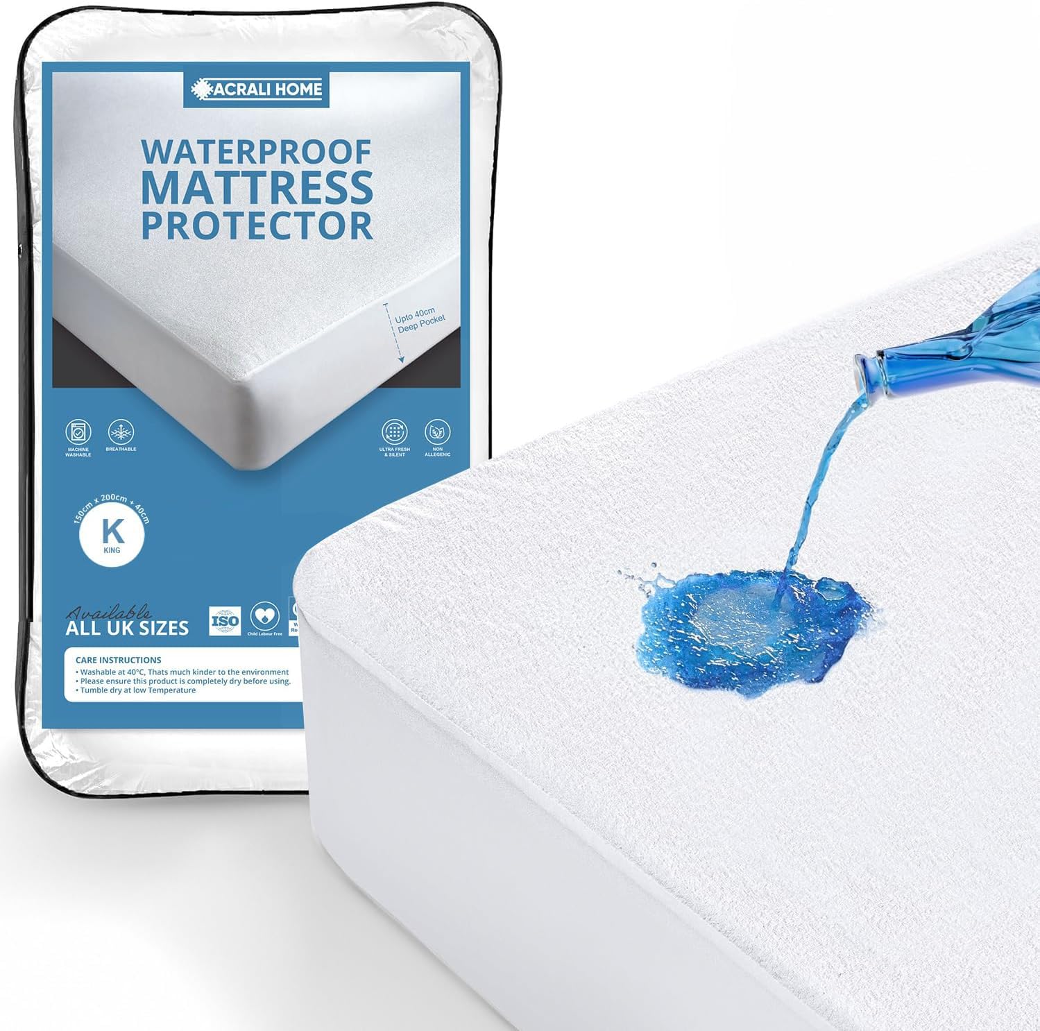 Acrali Home 100% Waterproof Mattress Protector King Size Bed Fitted Extra Deep 40cm Skirt, Premium Terry Cotton, Hypoallergenic King Size Mattress Protector 150x200cm - Washable, Nonslip Cover Sheet