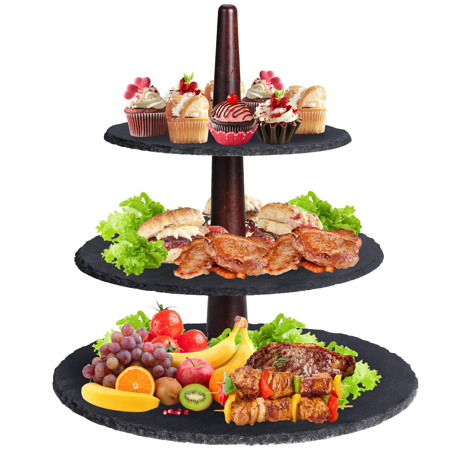 Photo 1 of 3 Tier Serving Tray 3 Tiered Tray Stand Modern and Rustic Tiered Dessert Stand Slate & Acacia Wood 3 Tier Cupcake Stand for Wedding Birthday Christmas (Round)
