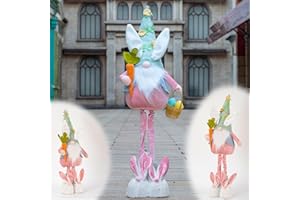 unanscre Large Easter Bunny Gnome Plush Elf Decoration - Standing Rabbit Gnome w/Retractable Spring Legs(26’’-36’’) Handmade Hold Easter Eggs Basket & Carrot Doll for Easter Ornament Home Decor