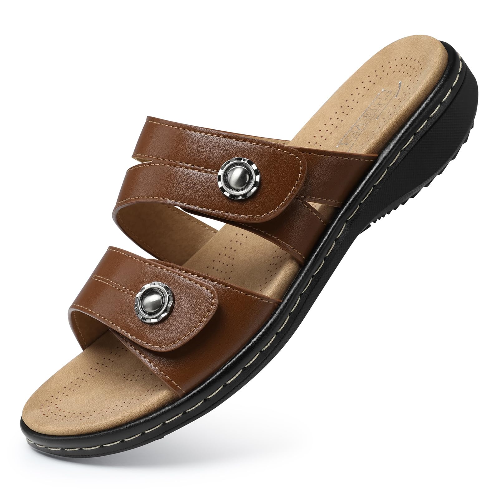 Photo 1 of SHIBEVER Flat Sandals Women Dressy: Walking Comfortable - Arch Support Orthopedic Slides Sandals - Brown Summer Sandal Size 8
