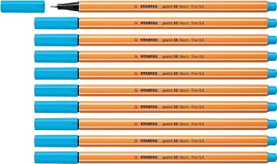 STABILO point 88 Fineliner Neon Blue Pack of 10 0.4mm Metal Tip