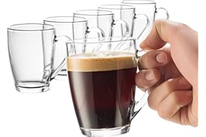 Bormioli Rocco Glass Coffee Mug Set, (6 Pack) 10¾ Ounce with Convenient Handle, Tea Glasses for Hot/Cold Beverages, Thermal Shock Resistant, Tempered Glass, for Cappuccino, Latte, Espresso, clear.
