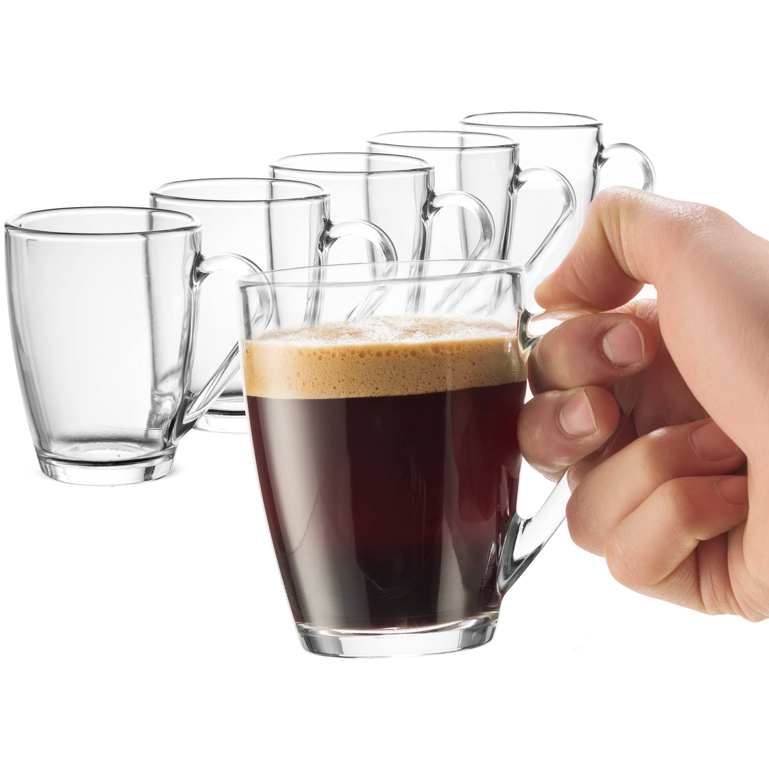 Photo 1 of ***FRAGILE!!***Bormioli Rocco Glass Coffee Mug Set, (6 Pack) 10¾ Ounce with Convenient Handle, Tea Glasses for Hot/Cold Beverages, Thermal Shock Resistant, Tempered Glass, for Cappuccino, Latte, Espresso, clear.
