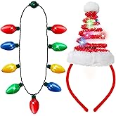JOYIN 2 Pcs Christmas Lighted Necklace and Santa Hat Headband, Christmas LED Necklace with 9 Bulbs and Xmas Headwear for Holiday Perties Xmas Costume Accessories Party Favors