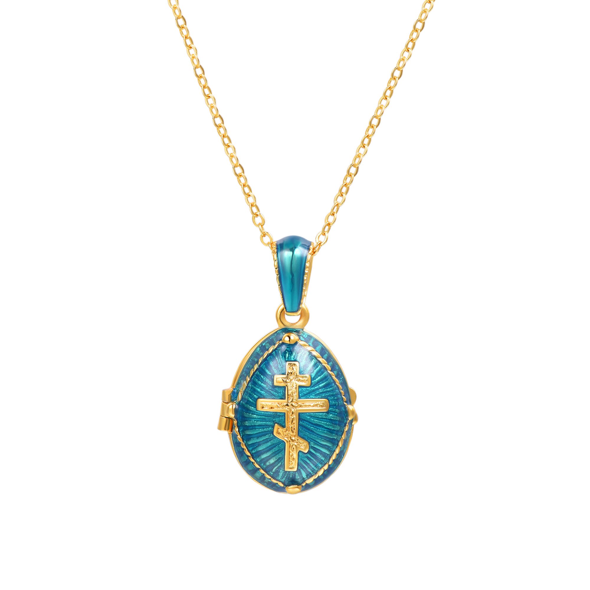 U7 Blue Green Oval Locket Necklace With Orthodox Cross Pendant for Men Women Religious Christian Jewellery — image 1