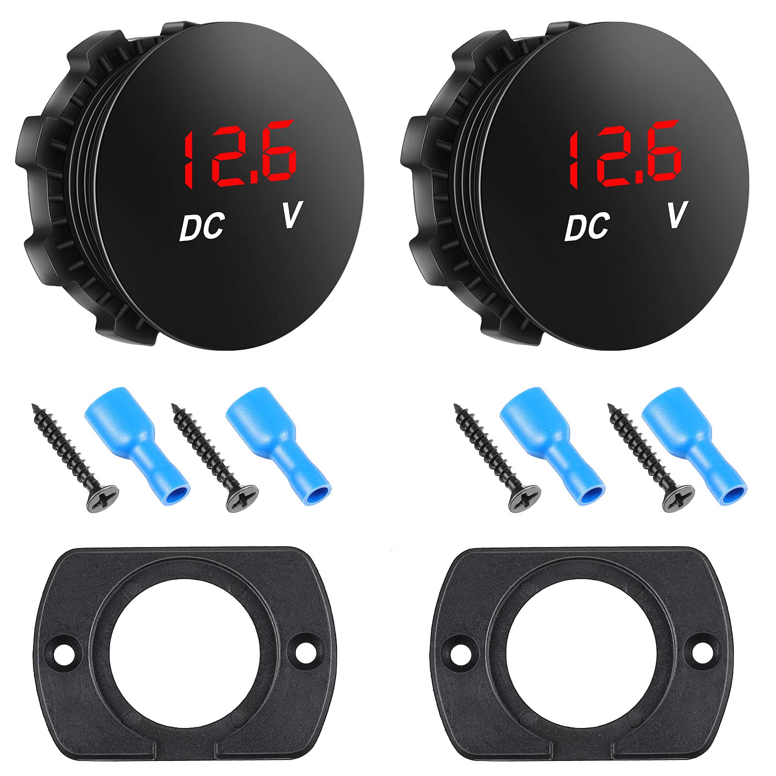 Photo 1 of 2 Pieces DC 12-24 V Car Voltmeter Mini Digital Display Voltage Meter Waterproof Voltage Gauge Round Shiny Panel Voltmeter with Waterproof LED Digital Display Compatible with Vehicle Truck (Red)