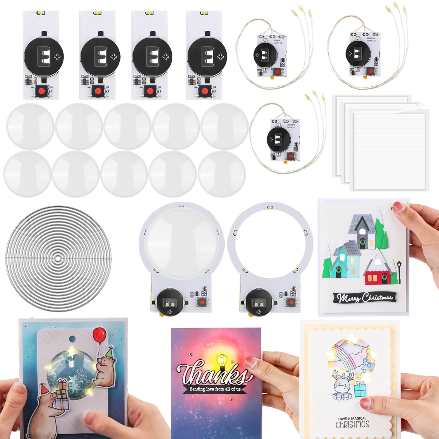 OTCRAFT 12PCS/Set 2Circular Halo 5 Lights & 4Pcs Easy 1 Lights and 3 Linear LEDs with 17Pcs/Set Circles Dies 3 Sheets 93 Foam Strips for DIY Light-Up Cards Making Light-Up Units with Warm WhiteLEDs