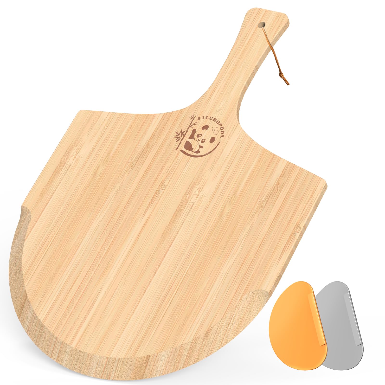 Bamboo Wood Pizza Peel with 2 Dough Cutters, Wooden Pizza Paddle 12" L x 11.6" W Plate with 5.3" L Handles, Wooden Pizza Peel for Transferring & Serving Homemade Pizza, Cutting Board